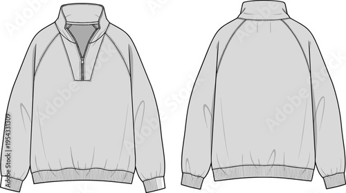 Mens quarter zip pullover sweatshirt outline front and back view mockup casual long sleeve apparel vector illustration template