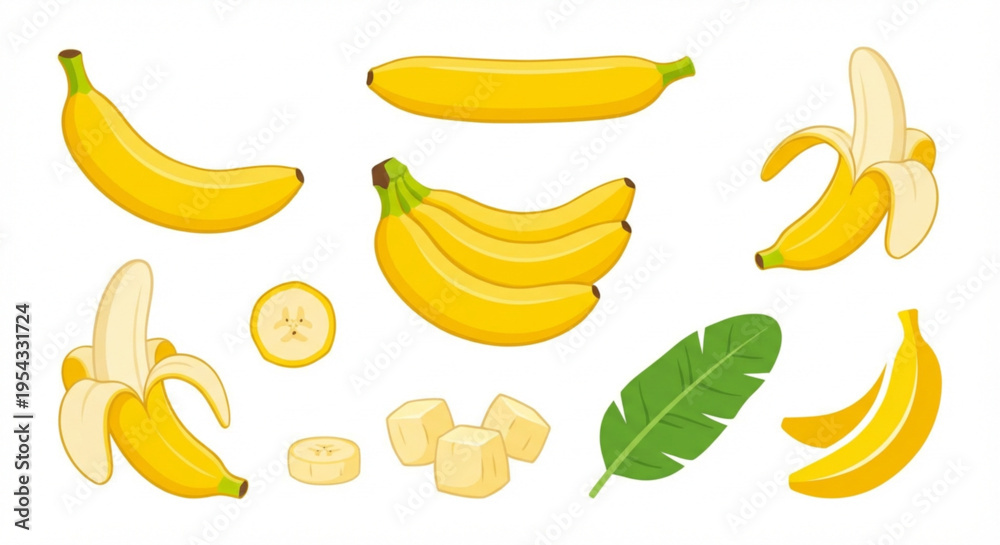 Obraz premium Collection of fresh yellow bananas in various forms whole, peeled, sliced, and a bunch, symbolizing natural health