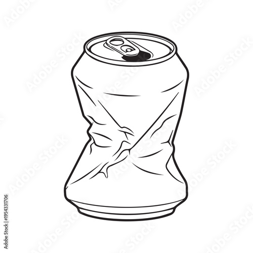 Crushed Dented Aluminum Soda Can Hand Drawn Vector Sketch Illustration Black and White Line Art
