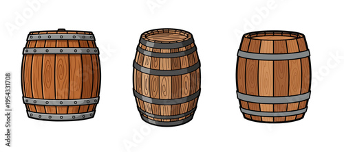 Wooden barrels set vector illustration isolated on white background