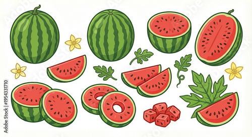 Vibrant Collection of Fresh Watermelon Slices, Whole Fruits, and Adorable Flowers - A Delicious Summer Treat