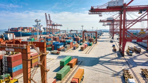 Busy container port shipping cargo hub under blue sky panoramic view showcasing global freight logistics trade scene
