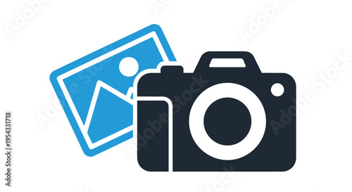 Vector illustration graphic of a camera icon next to a blue image file symbol, representing photography, media, and digital content creation concepts on a white background.