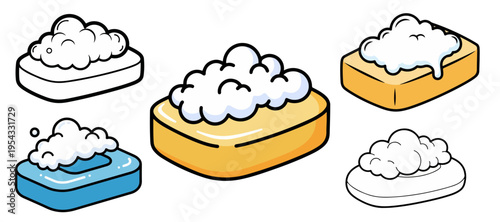 Soap bar with foam and bubbles collection vector illustration isolated on white background