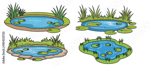Garden pond with water lilies and grass collection vector illustration isolated on white background