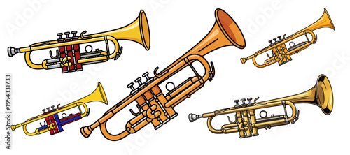 Golden trumpet musical instruments collection vector illustration isolated on white background