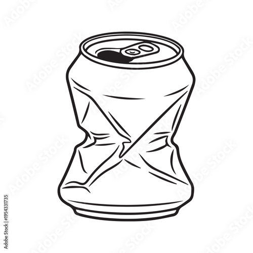 Crushed Dented Aluminum Soda Can Hand Drawn Vector Sketch Illustration Black and White Line Art
