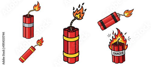 Red dynamite sticks and TNT collection vector illustration isolated on white background