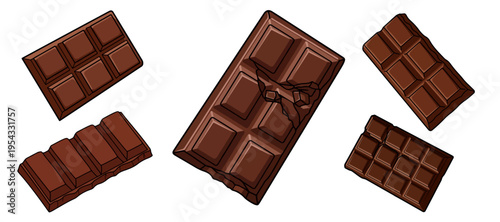 Dark chocolate bars and broken pieces collection vector illustration isolated on white background