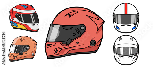 Racing helmet collection for motorcycle and car sports vector illustration isolated on white background