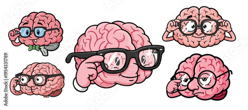 Smart brain cartoon character wearing glasses collection vector illustration isolated on white background