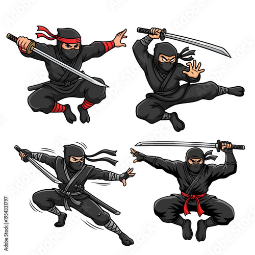 Ninja warrior character set with katana sword vector illustration isolated on white background