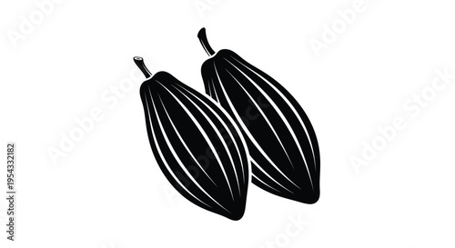 Simple black and white vector illustration graphic design featuring two stylized cacao pods leaning slightly toward each other