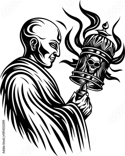 SVG mechanical skull mech tattoo design vector. Mysterious figure holding a decorative skull lantern in black design