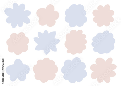 色々な花の形をしたゆるい手描きフレームのセット（青・茶色）