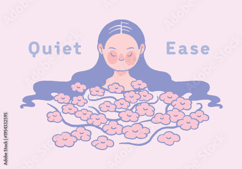 Quiet Ease Floral Bath Vector. Woman Immersed in Pink Flowers Illustration. Minimalist Layered EPS for Wellness.