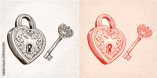 Heart-shaped padlock and key. Sketch. Vintage hand drawn vector