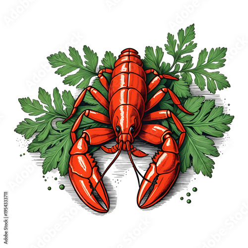 red boiled crayfish. One boiled lobster with bunch of parsley isolated on white. Hand drawn vector vintage illustration of crayfish with parsley.colored engraved crawfish graphic.ink sketch of seafood
