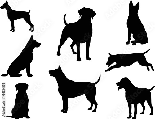 Collection of dog silhouettes in different poses, standing sitting running, pet animals set, canine shapes, isolated, flat vector illustration