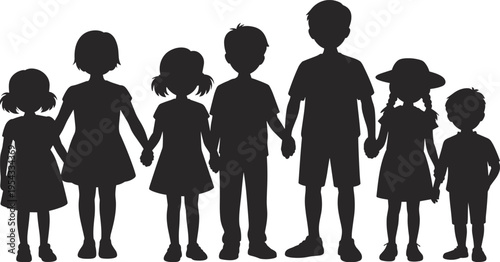 Happy diverse children holding hands silhouette, unity friendship teamwork concept, kids group together, childhood innocence, community bonding, flat vector illustration