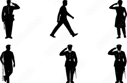 Military and people silhouettes set, soldiers saluting and walking figures, uniform characters, defense personnel poses, black silhouette vector illustration