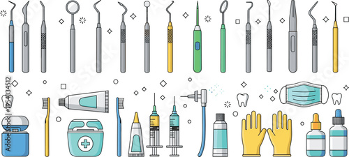 Dental equipment vector icon set with dentist tools toothbrush toothpaste floss medical gloves and oral healthcare hygiene supplies