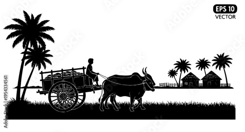 Bullock Cart Silhouette Village Scene Rural Transport Vector Illustration