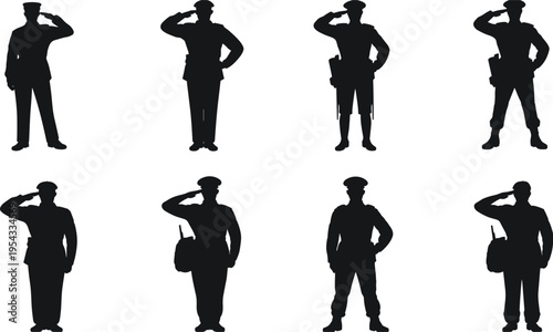 Military silhouettes, soldiers saluting, army uniform figures, black silhouette set, servicemen poses, salute gesture, defense personnel, vector illustration isolated collection