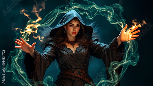 A powerful sorceress casting a spell