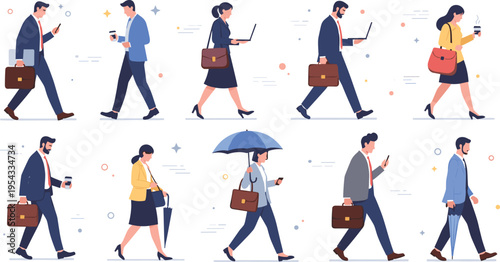 Business people walking vector set featuring office workers with briefcases laptops coffee and umbrellas for professional commute concepts