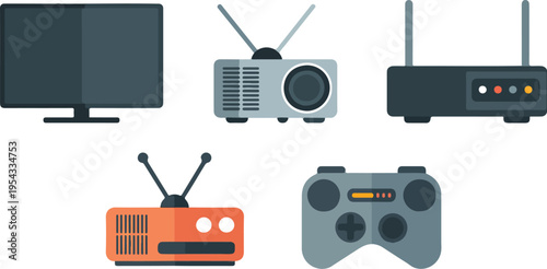 Various wireless routers and television devices flat vector illustration showcasing modern home technology internet connectivity smart electronics and digital equipment
