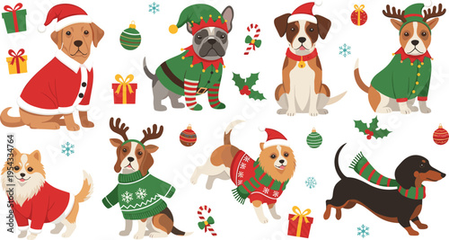 Christmas dogs vector set with cute puppies wearing santa hats elf costumes and reindeer antlers for holiday design