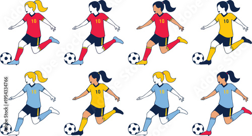 Diverse female soccer players in dynamic action poses kicking running and competing in team sport vector illustration collection