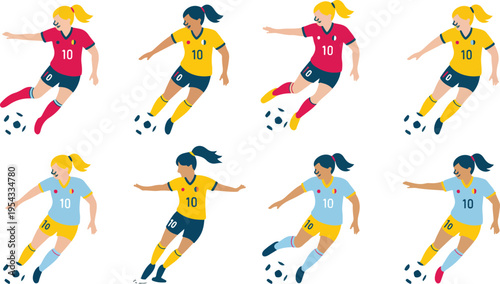 Diverse female soccer players in dynamic action poses kicking running and competing in team sport vector illustration collection