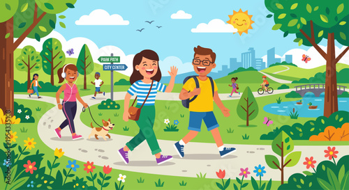 Children walking on a path in a vibrant park with trees and flowers