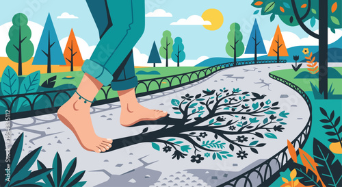 Barefoot woman walks on a winding path through a vibrant forest landscape