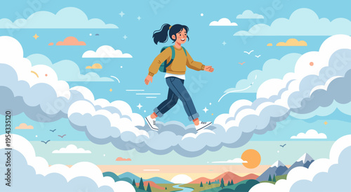 A young girl runs on fluffy white clouds in a sunny sky.