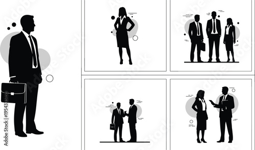 Business people silhouettes vector set with corporate professionals in suits for office teamwork leadership and meeting concept designs