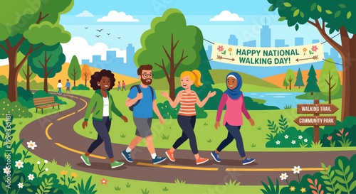 People walking on a path in a park on National Walking Day with friends and a cityscape.