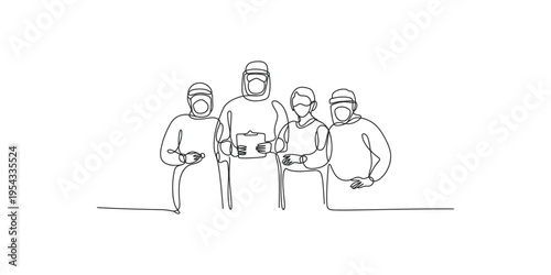 Four people standing wearing face masks and head coverings in a line drawing style simple