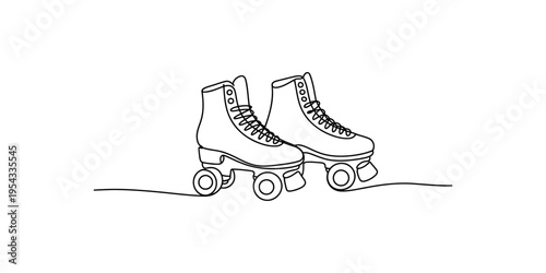 A pair of roller skates in a continuous line drawing style on white background skate