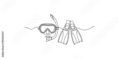 Continuous line drawing of snorkeling gear including mask snorkel and fins on white background diving