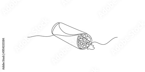 Continuous line drawing of a burrito on a plate with a white background mexican food