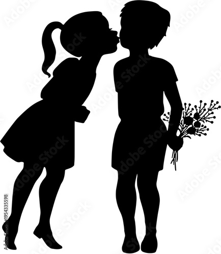 Silhouette of a Little Girl Kissing a Boy's Cheek While He Hides a Bouquet of Flowers