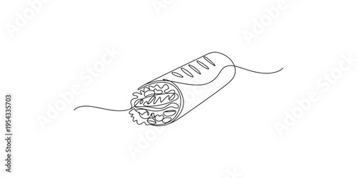 A continuous line drawing of a burrito on a white background mexican food illustration one