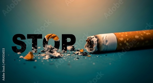 A crushed cigarette with the word stop on a dark background