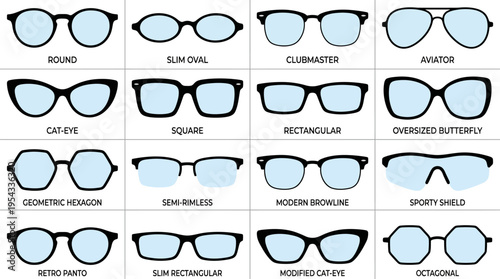 Eyeglass Frame Styles Vector Chart – Collection of Sixteen Popular Glasses Shapes Including Round, Oval, Aviator, Cat‑Eye, Square, Rectangular, Butterfly, Browline Vector Illustration Pack