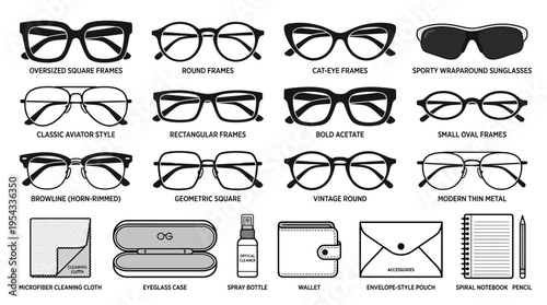 Eyewear and Office Accessories Vector Icons – Black and White Silhouettes of Glasses, Lens Cleaner, Case, Smartwatch, Wallet, Notebook, Pen, Envelope Vector Illustration Pack