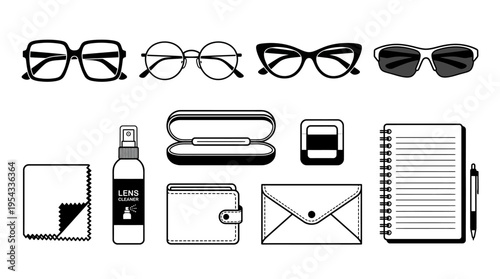Eyewear and Office Accessories Vector Icons – Black and White Silhouettes of Glasses, Lens Cleaner, Case, Smartwatch, Wallet, Notebook, Pen, Envelope Vector Illustration Pack