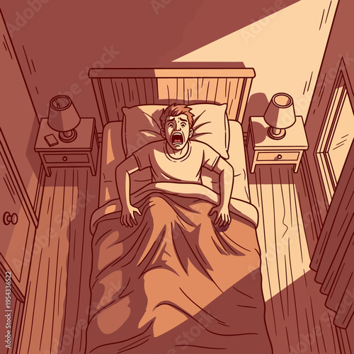 A man wakes up in bed with a startled expression, bathed in sunlight streaming from a window.
